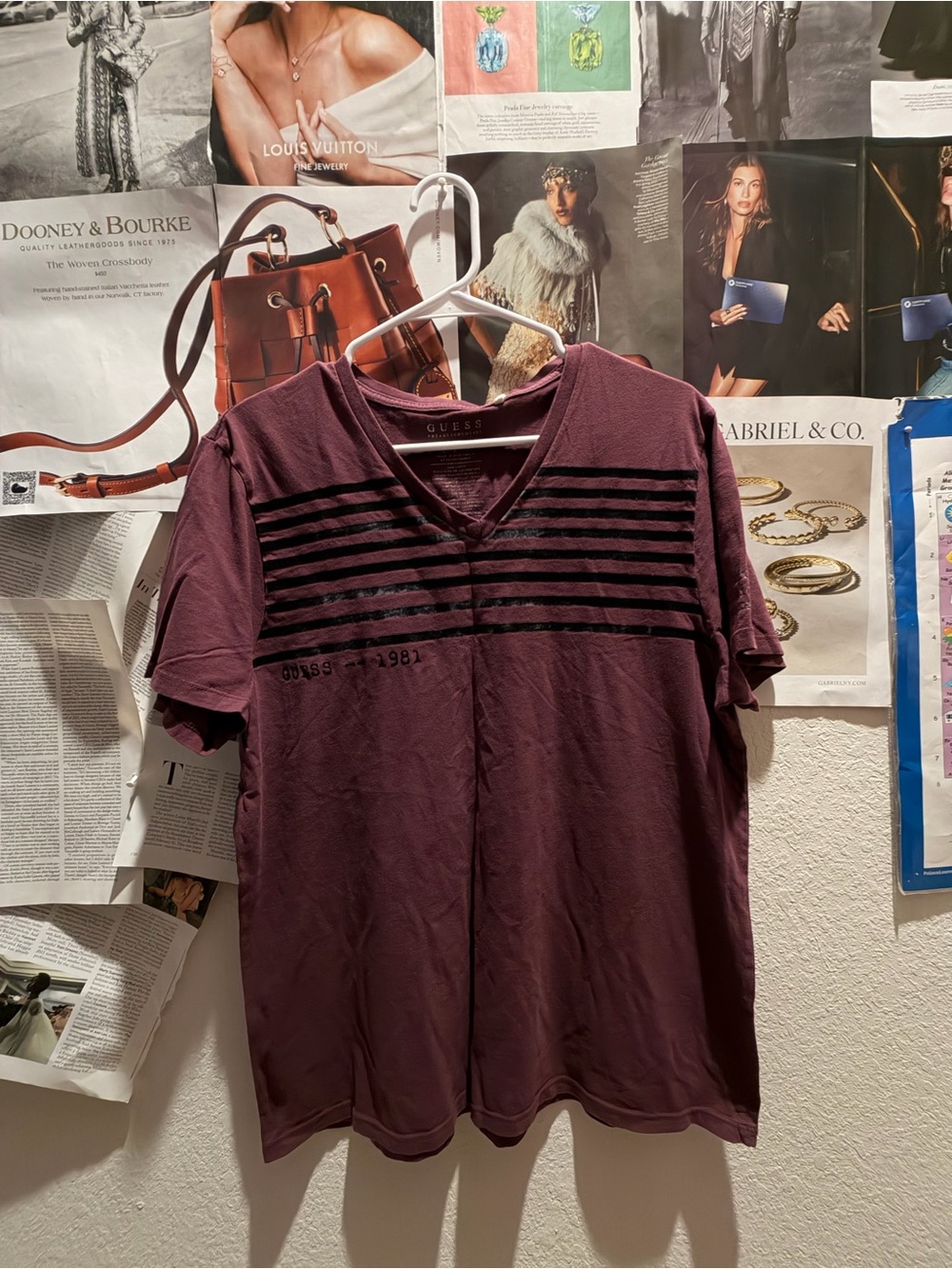 GUESS Men's V-Neck Short Sleeve Tee in Plum with Black Stripes - Picture 1 of 3